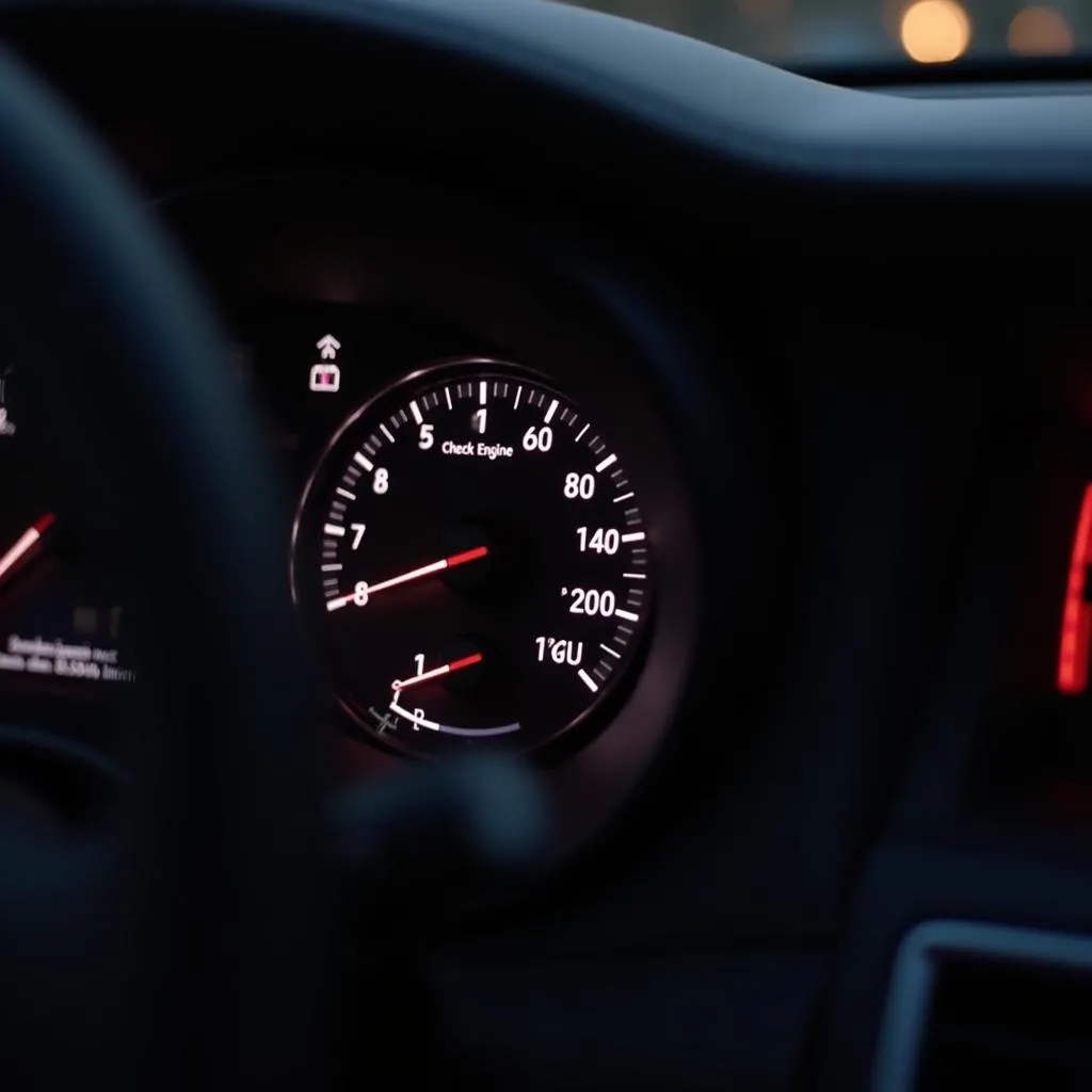 Infiniti dashboard with check engine light illuminated