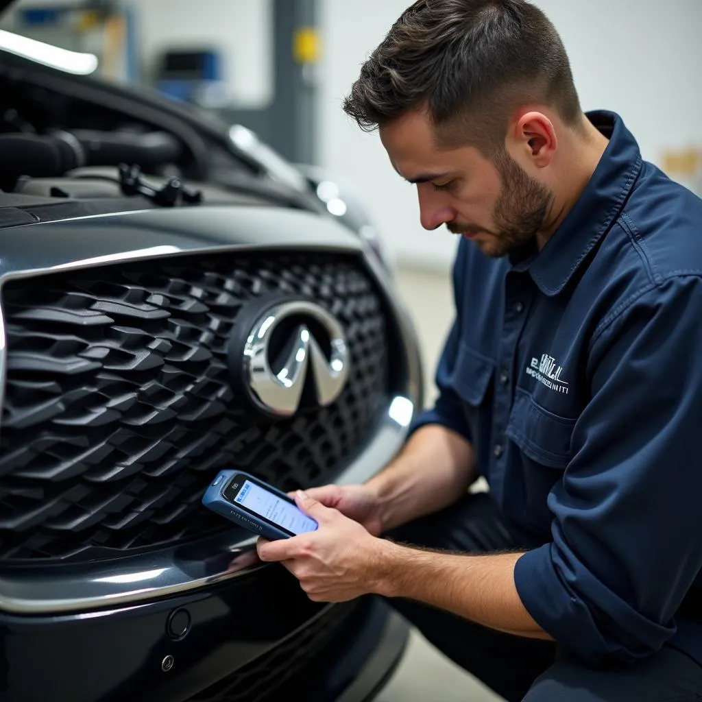 Infiniti mechanic using a diagnostic tool on a car