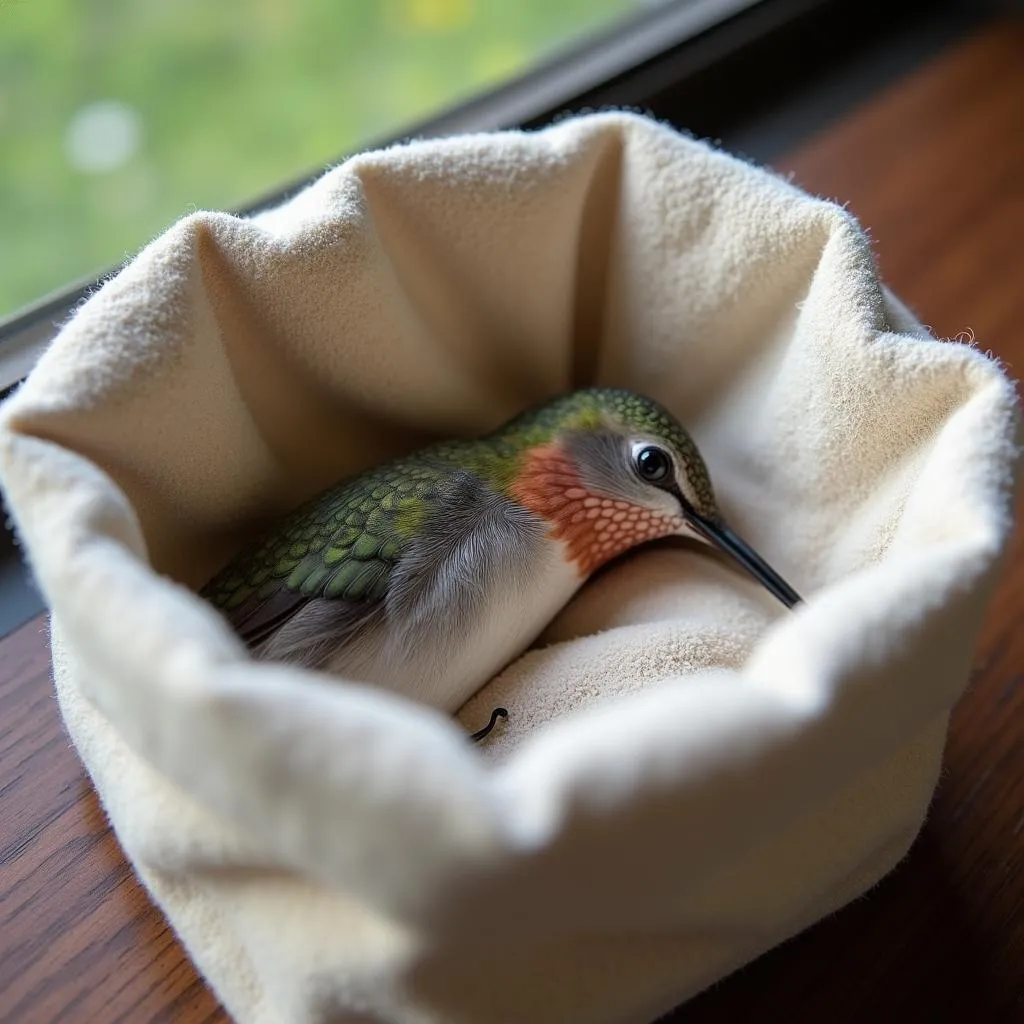 Injured hummingbird resting in a container