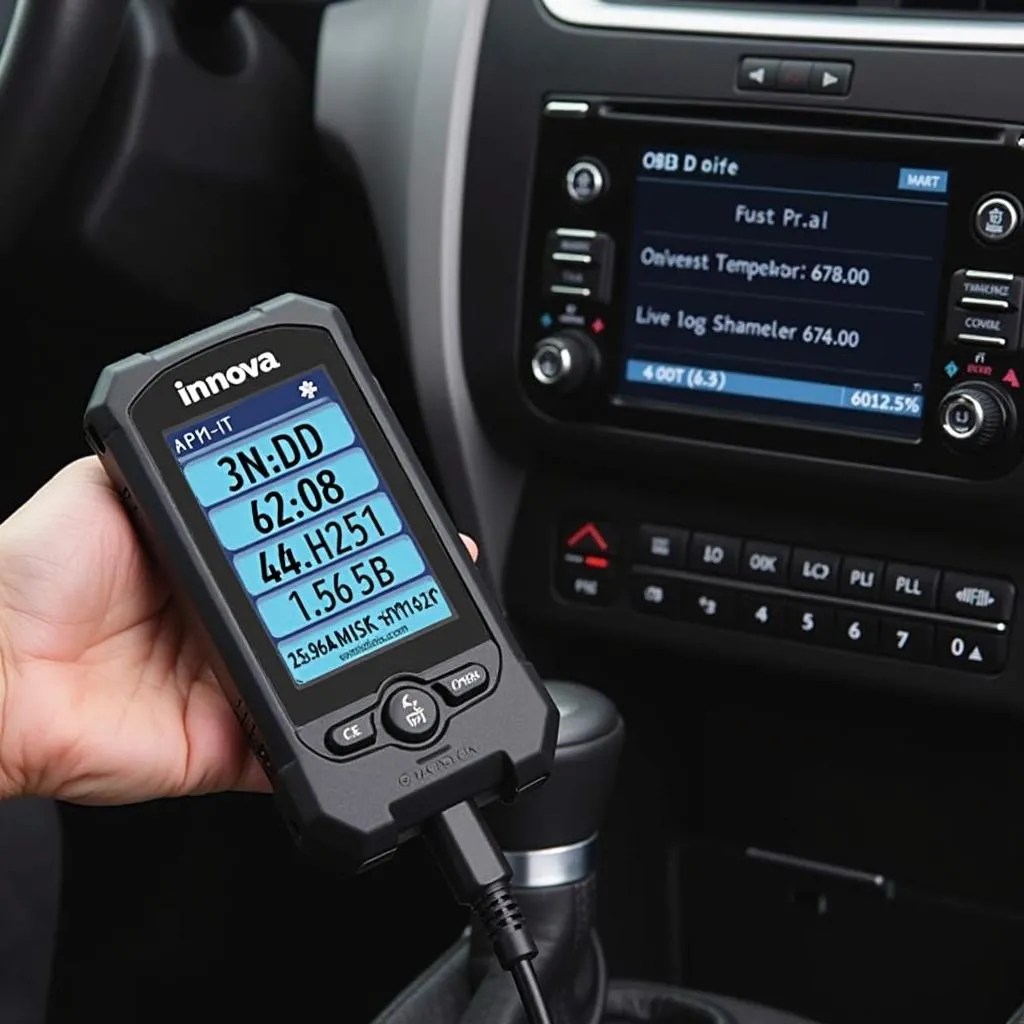 Innova 3120 Live OBD scanner displaying live data on a car dashboard