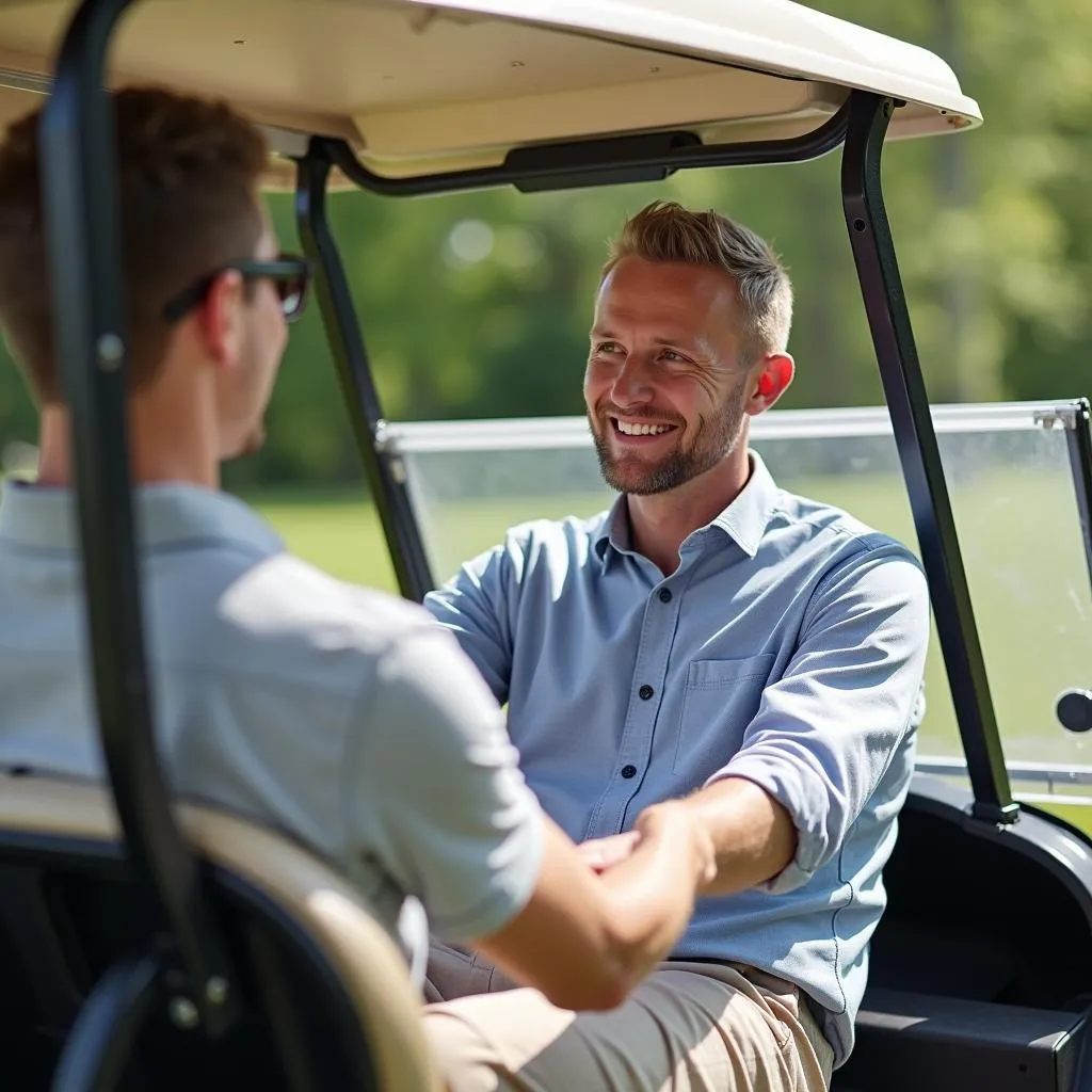 A person inspects a golf cart before renting.