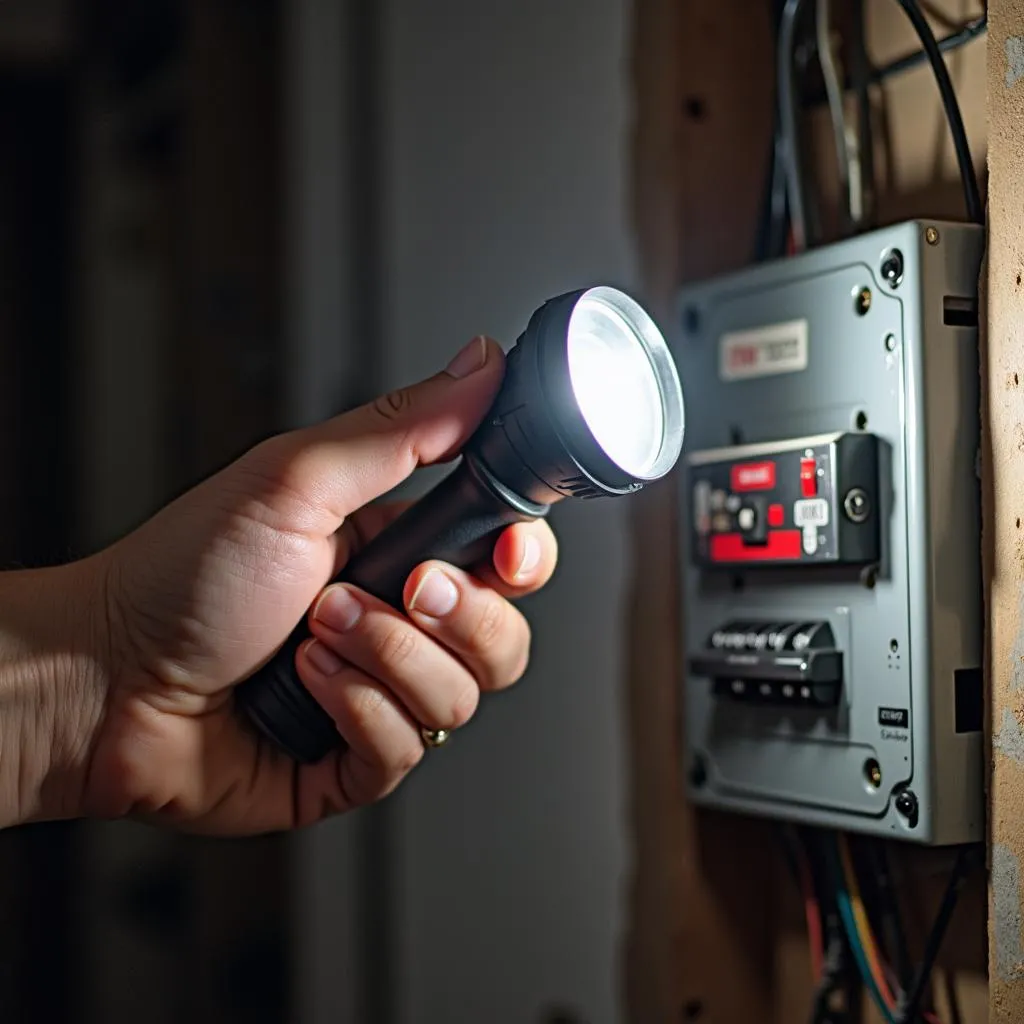 Close-up view of a person inspecting the electrical panel in a garage