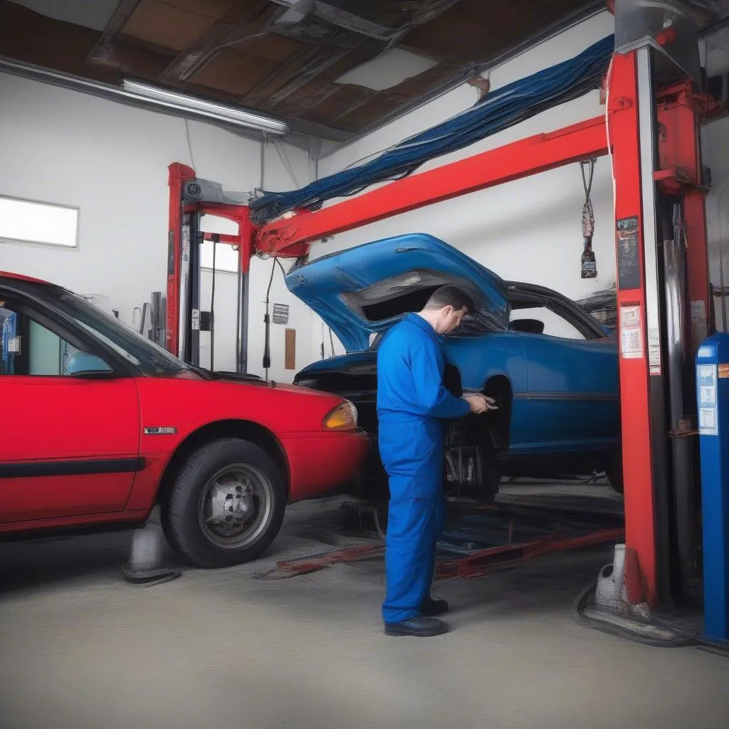 Mechanic inspecting a used car lift.