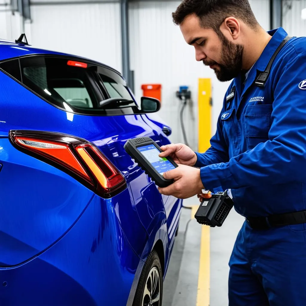 Mechanic connecting a diagnostic tool to a Hyundai Ioniq 5