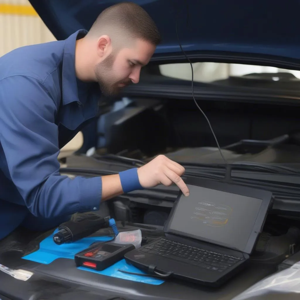 Mechanic using WiTECH to diagnose an engine issue