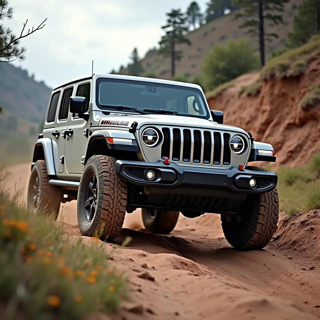 Jeep Wrangler navigating a challenging off-road trail