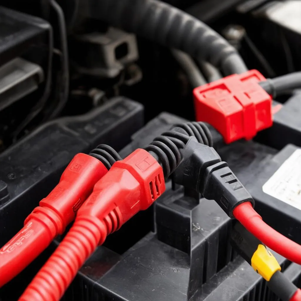 Jump starter cables connected to car battery