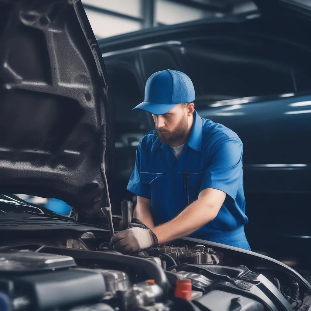 Mechanic inspecting a car engine