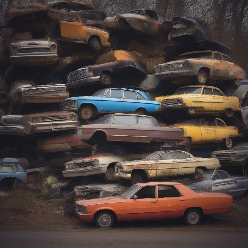 Stacked junk cars