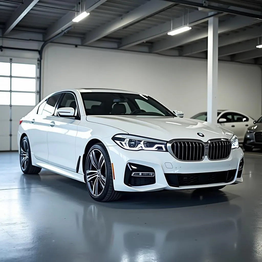 White car parked in a clean garage.