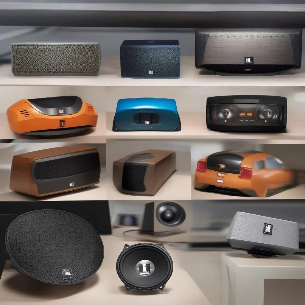 A selection of car speakers from Kicker and JBL displayed on a table. This image provides visual examples of the speaker systems offered by both brands, helping readers understand the diverse options available.