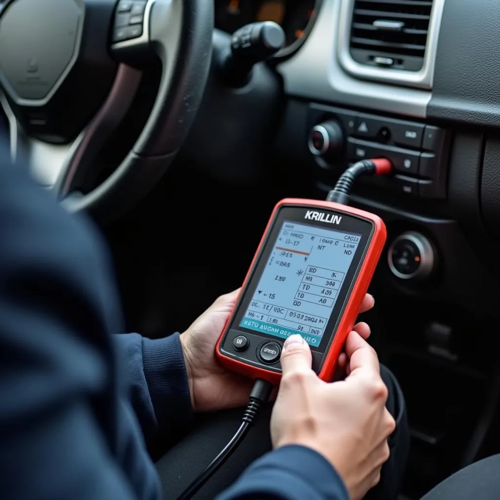 Mechanic using Krillin OBD scanner on a car