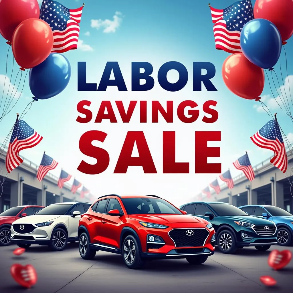 Labor Day car sale banner with American flags and balloons