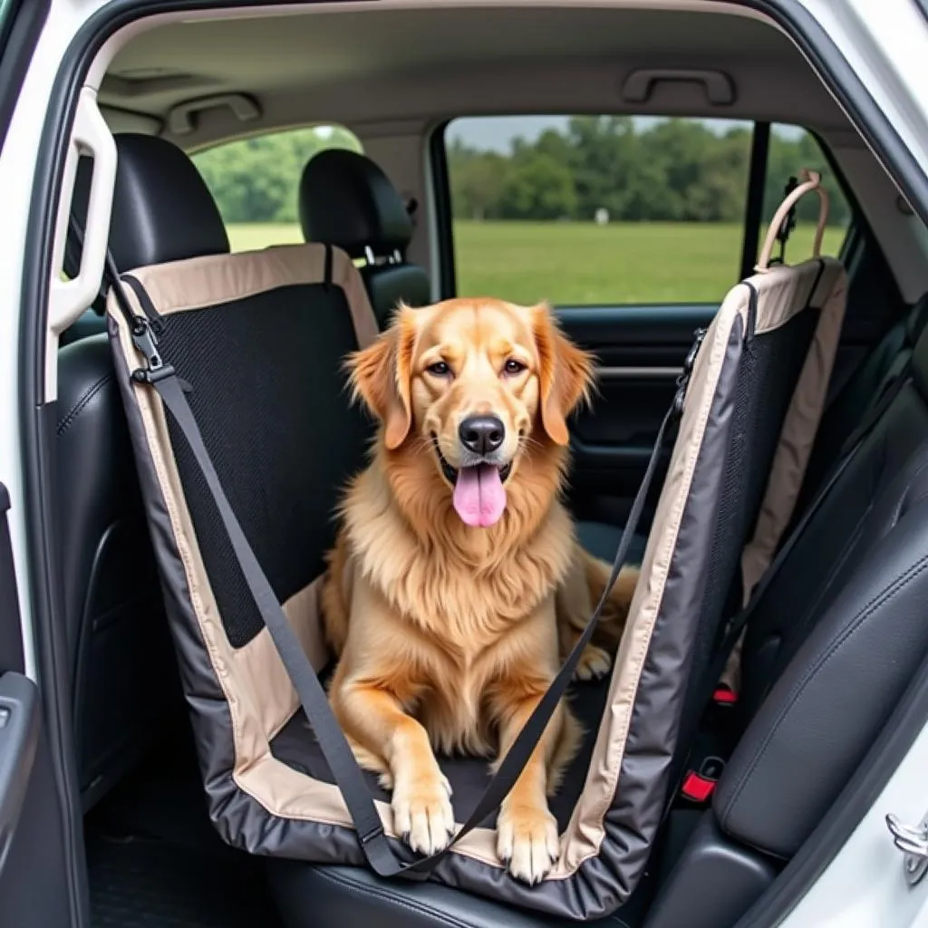 Large dog safely secured in a car carrier