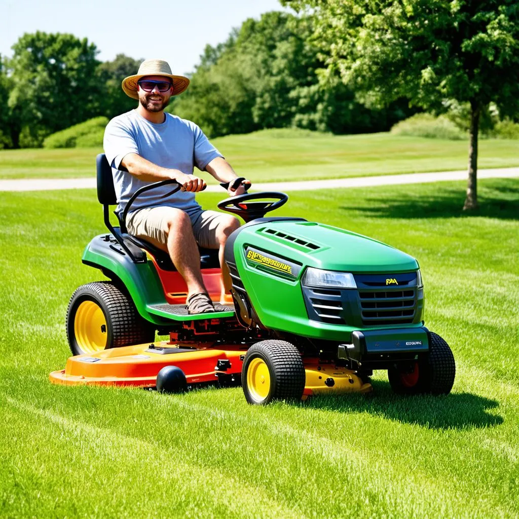 Lawn care professional mowing lawn