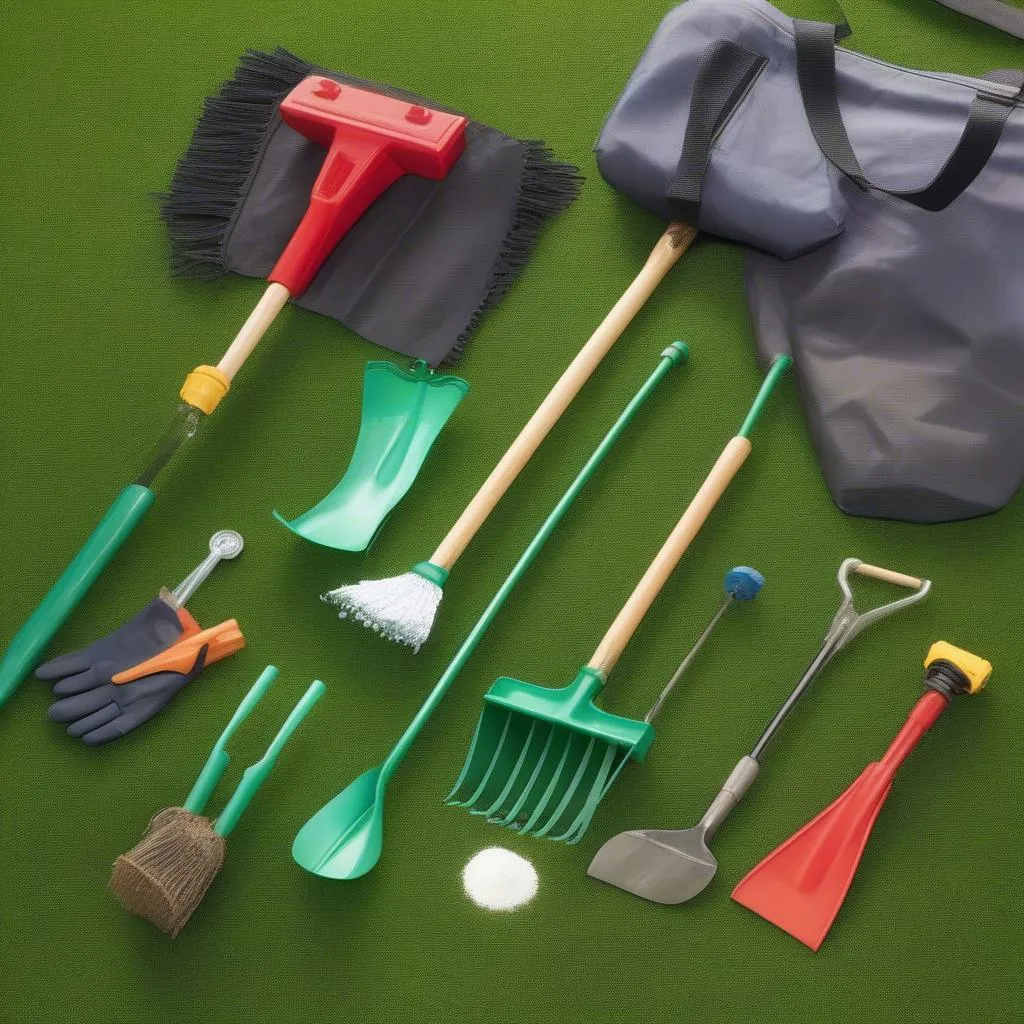 Various lawn care tools laid out on a lush green lawn