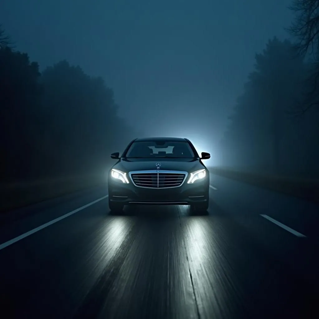 LED headlights illuminating a foggy road