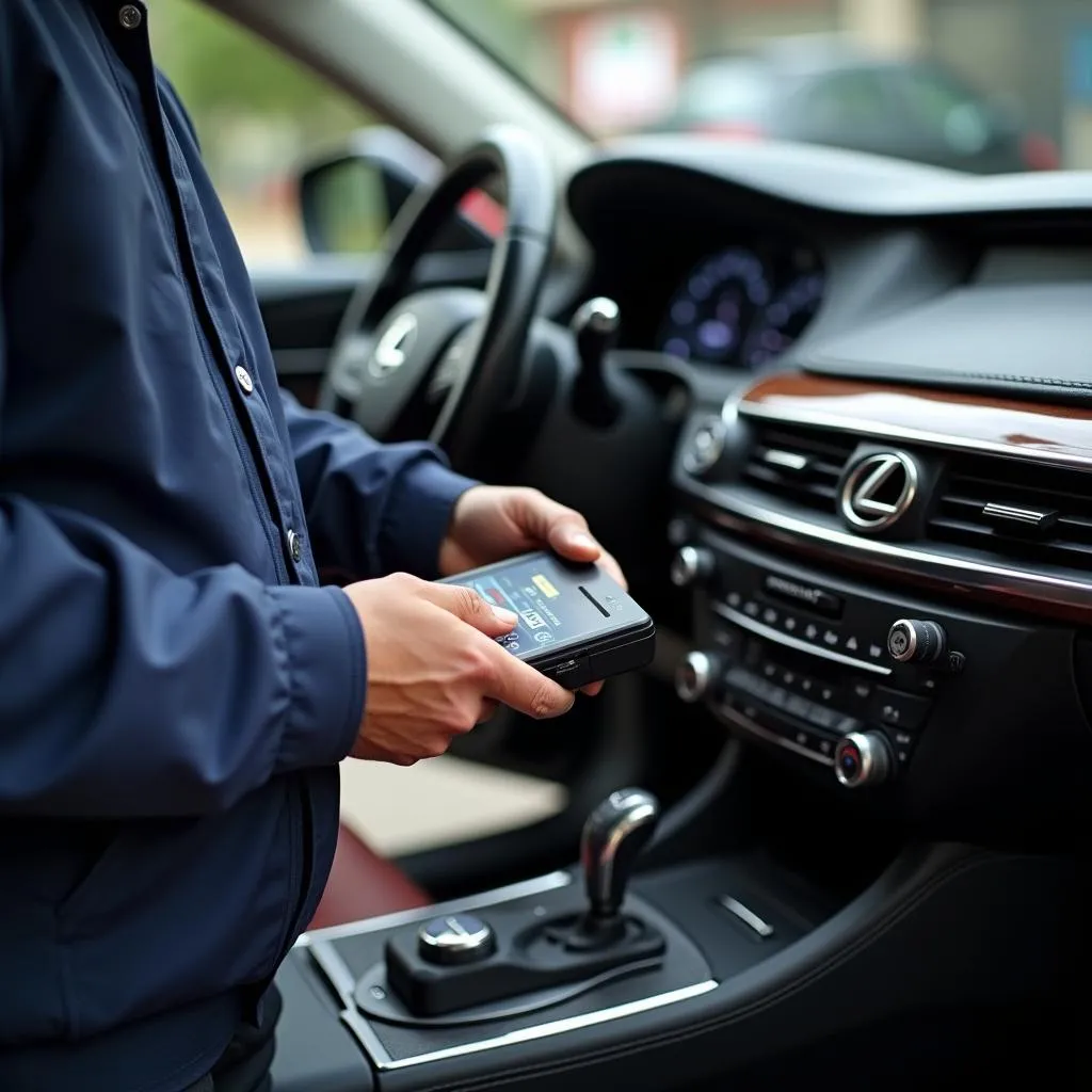 Mechanic connecting an OBD scanner to a Lexus LS 500