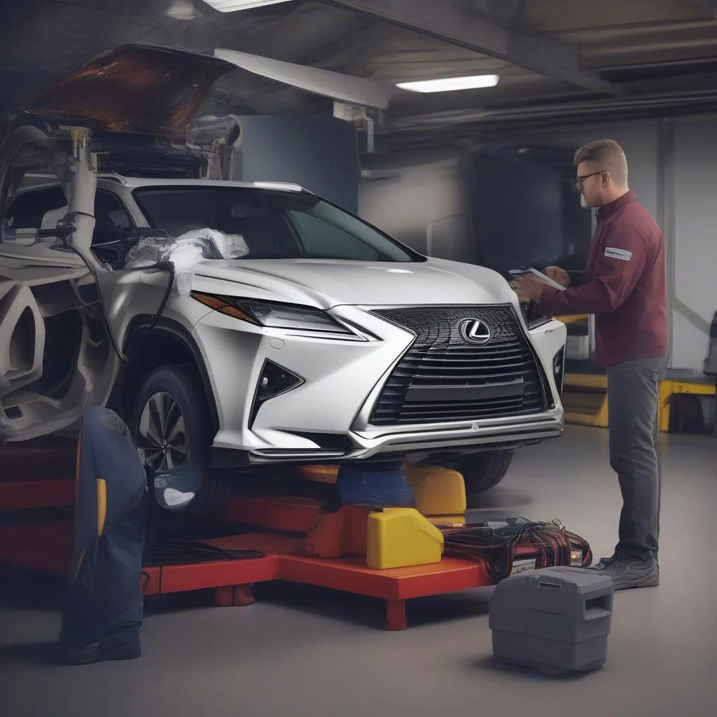 A mechanic using a scanner to diagnose the problem in a Lexus RX300