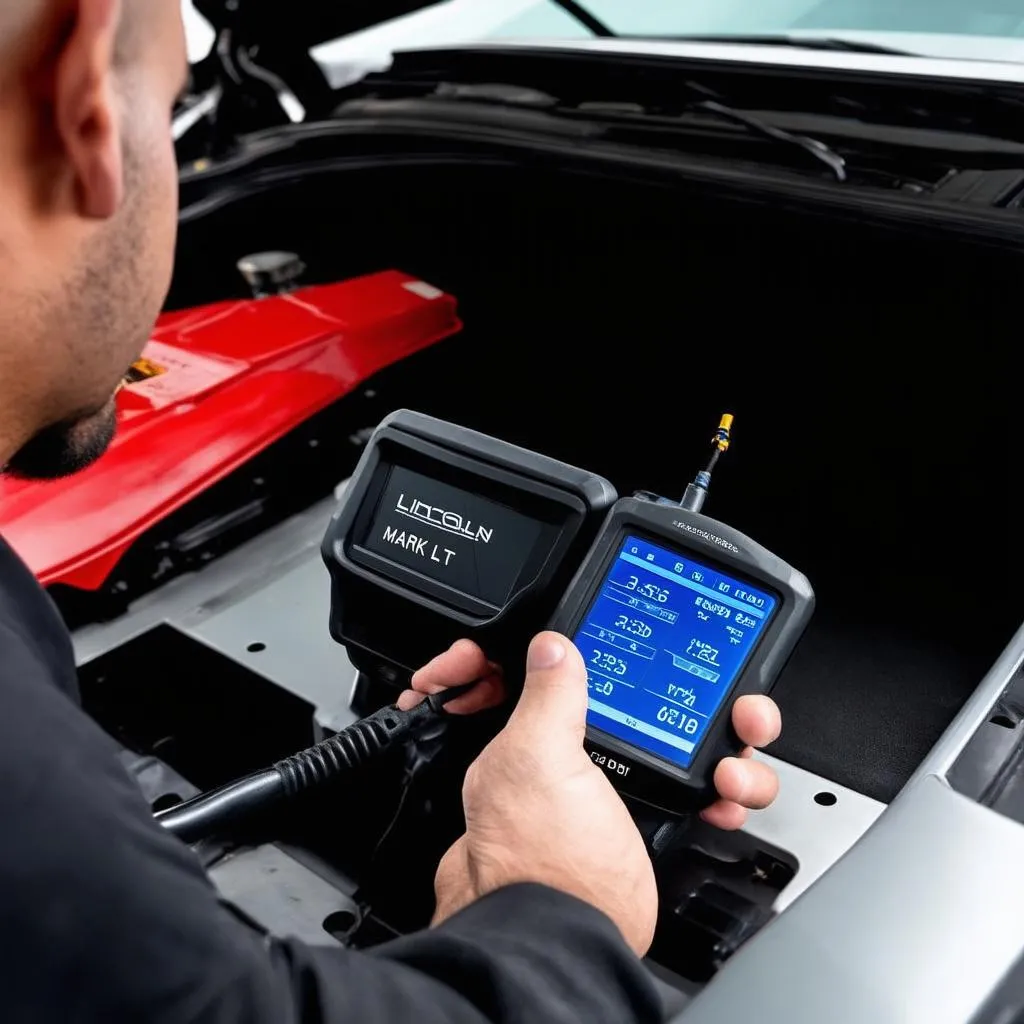 Mechanic using an OBD scanner on a Lincoln Mark LT