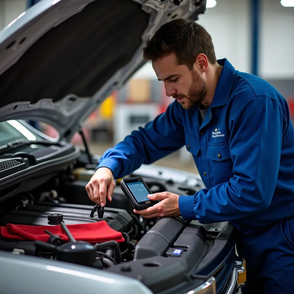 Mechanic using a Mac Tools OBD reader to diagnose a car problem