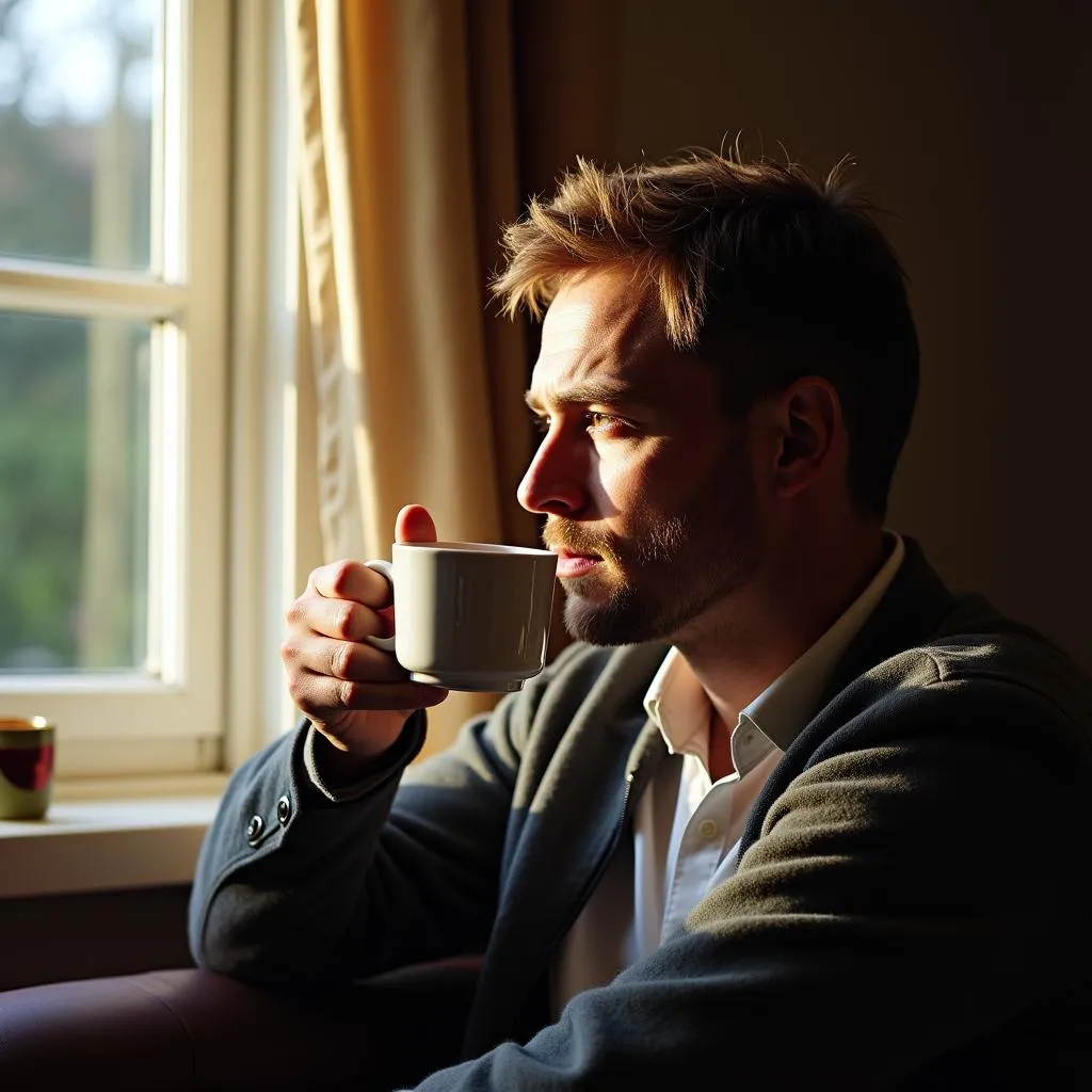 Man enjoying a peaceful moment with a cup of tea