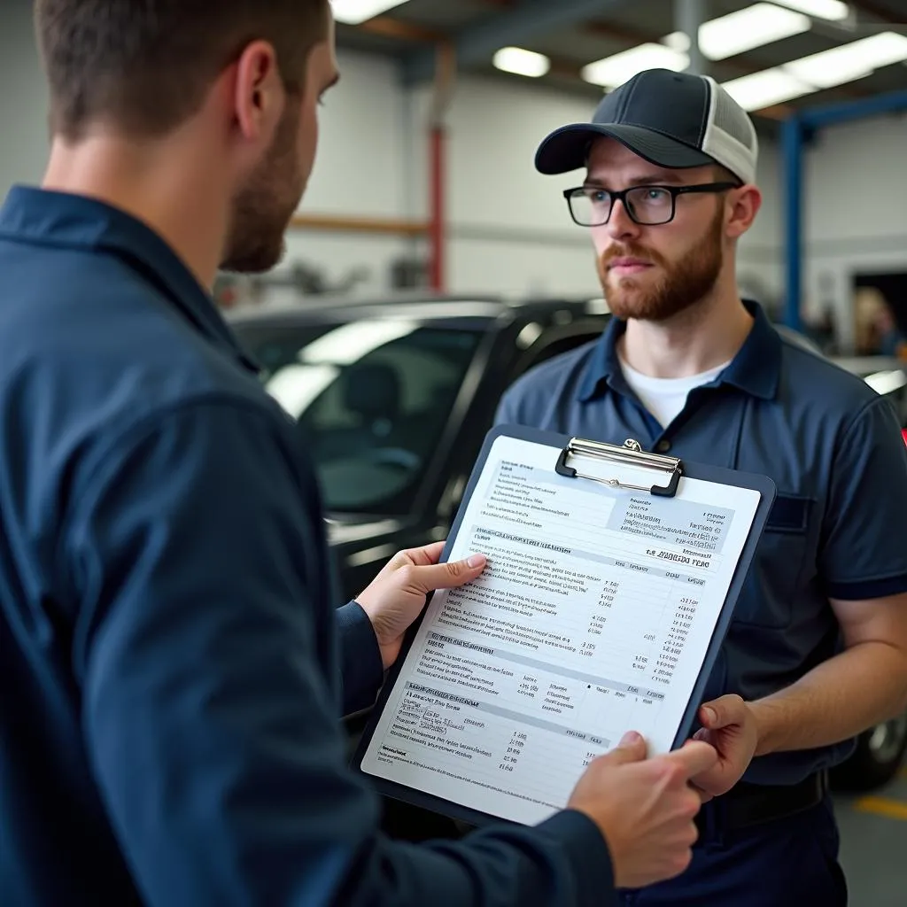 Mechanic discussing repair estimate with car owner