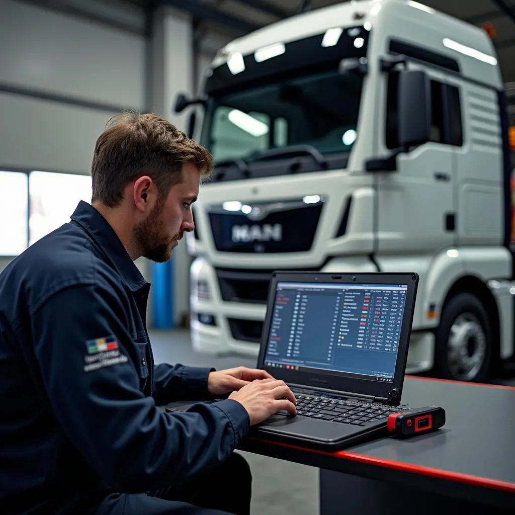 Mechanic using Kess V2 for MAN truck diagnostics