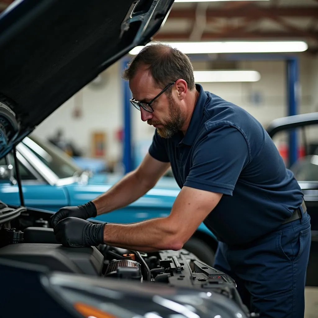 Mechanic Working Under the Hood of a Car in a Marin County Garage