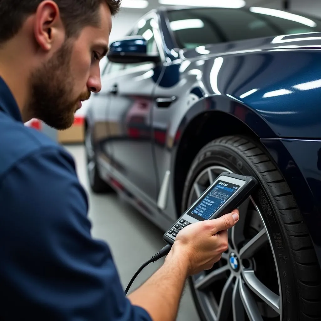 Mechanic using a Matco Tools OBD2 scanner to diagnose a BMW