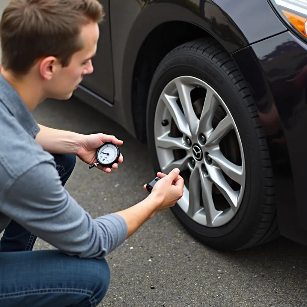 Using a tire pressure gauge on a Mazda 3 tire