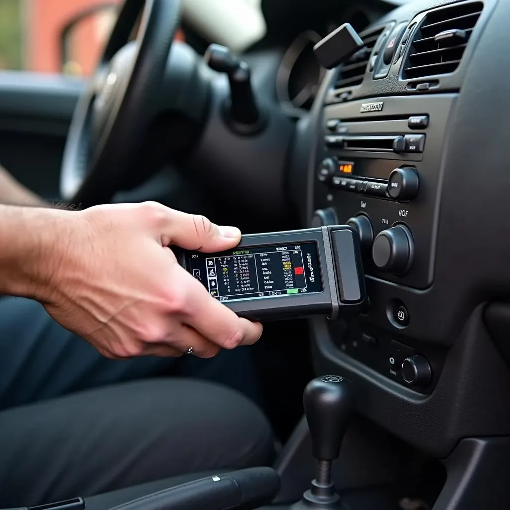 Mechanic Using OBD Scanner on Mazda 323