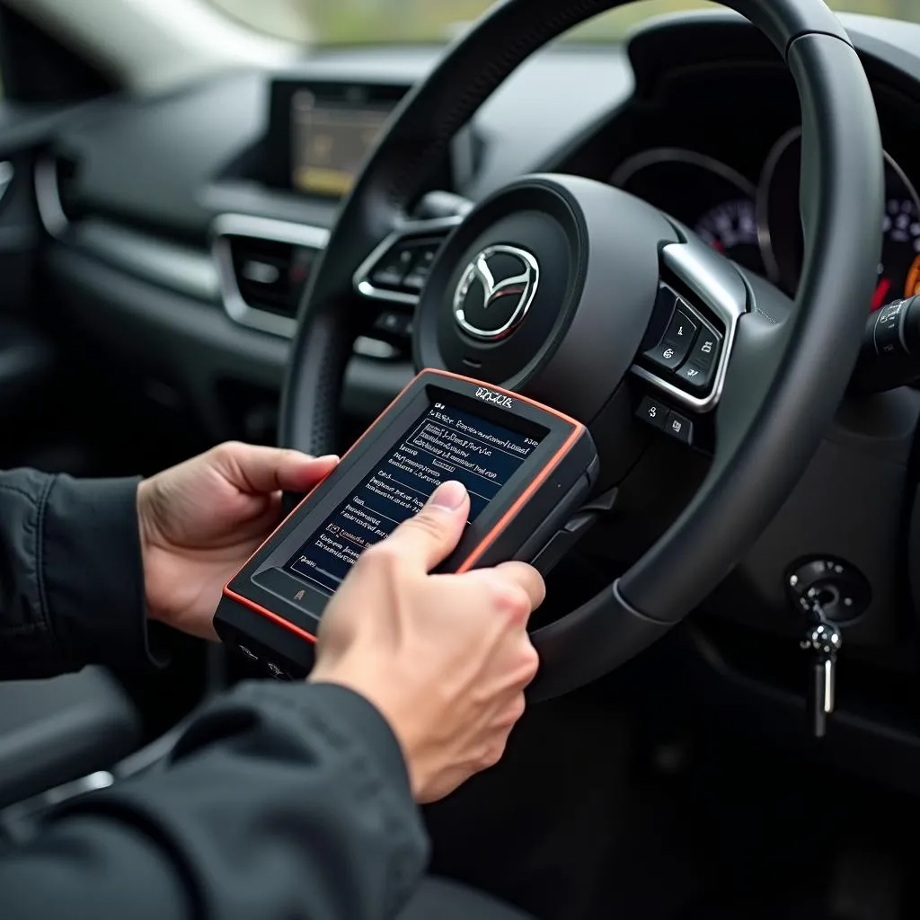 Mechanic using an OBD scanner on a Mazda CX-5