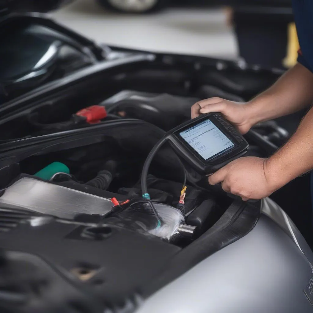 Mechanic connecting a diagnostic scanner to a Mazda MX-5