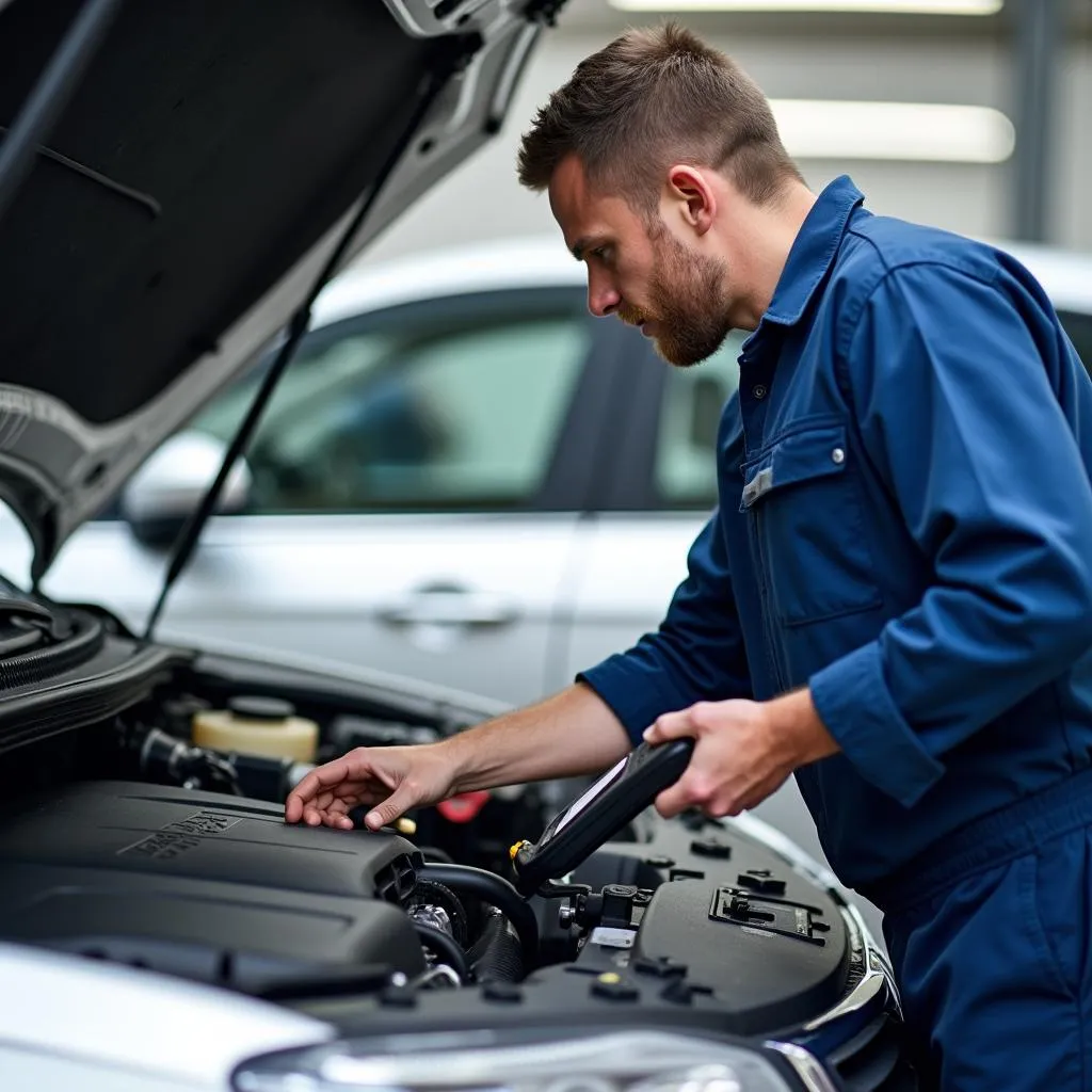 Mechanic inspecting a car's engine