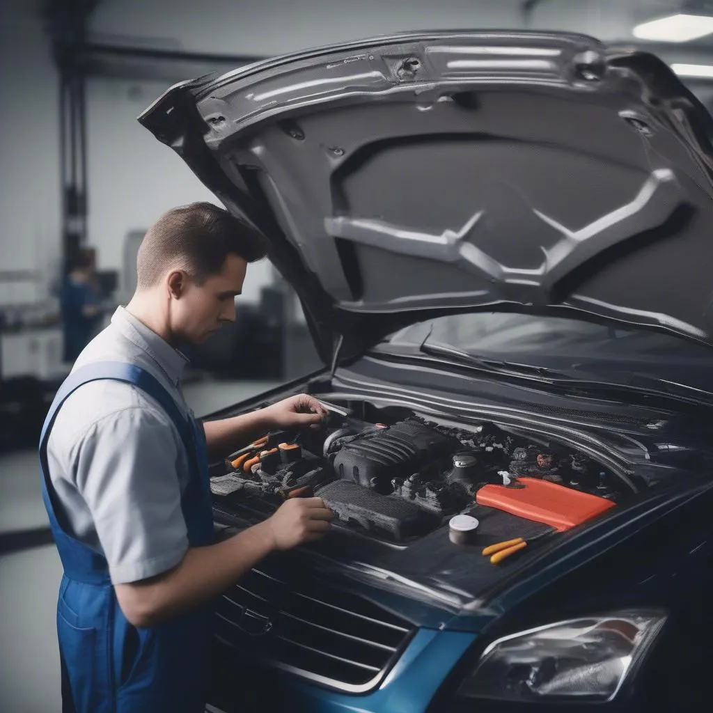 Mechanic checking car