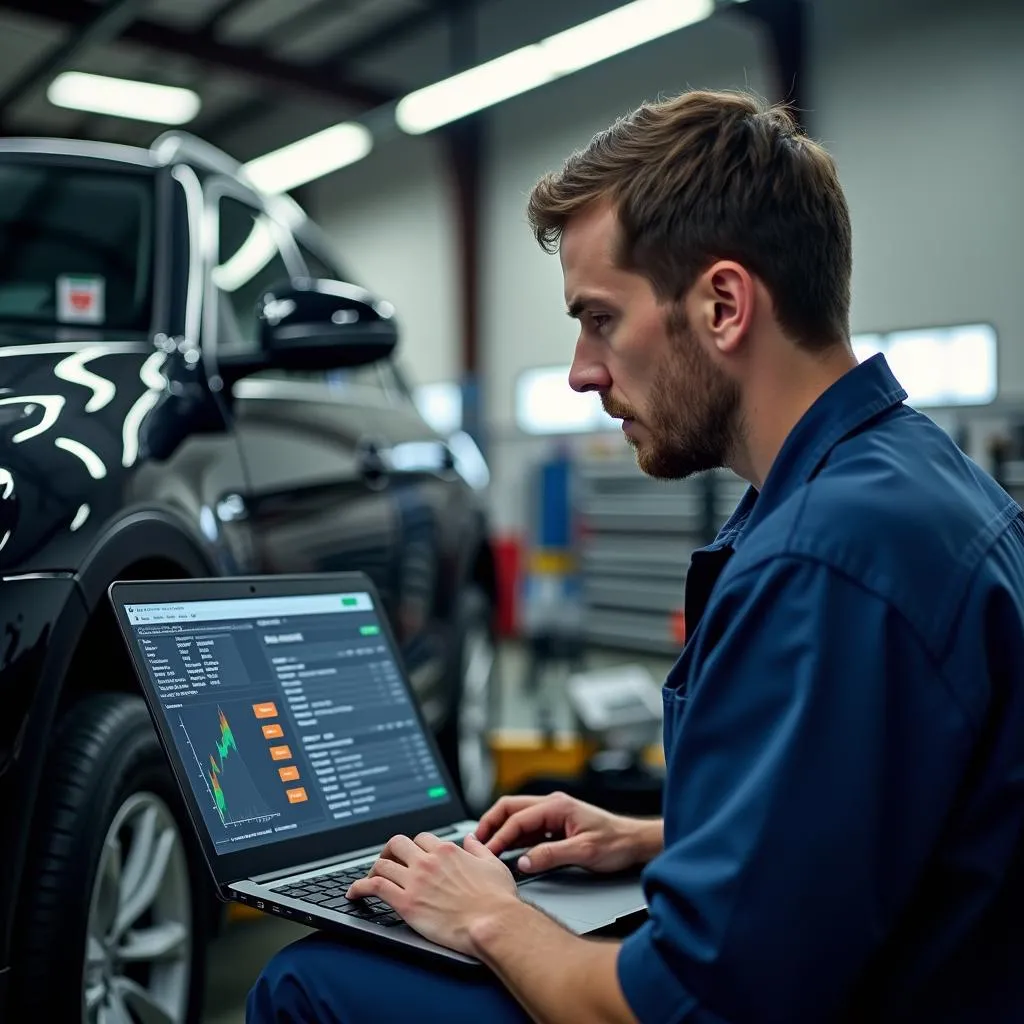 Mechanic Analyzing Car Data on Laptop