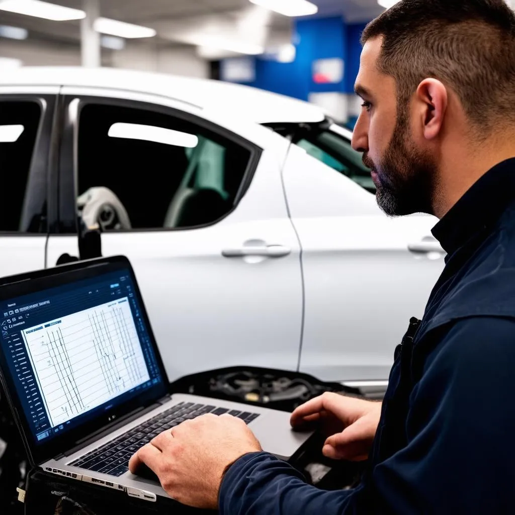 Mechanic Using Laptop for Diagnostics