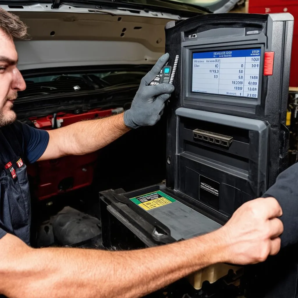 Mechanic Analyzing Data on OBD Scanner