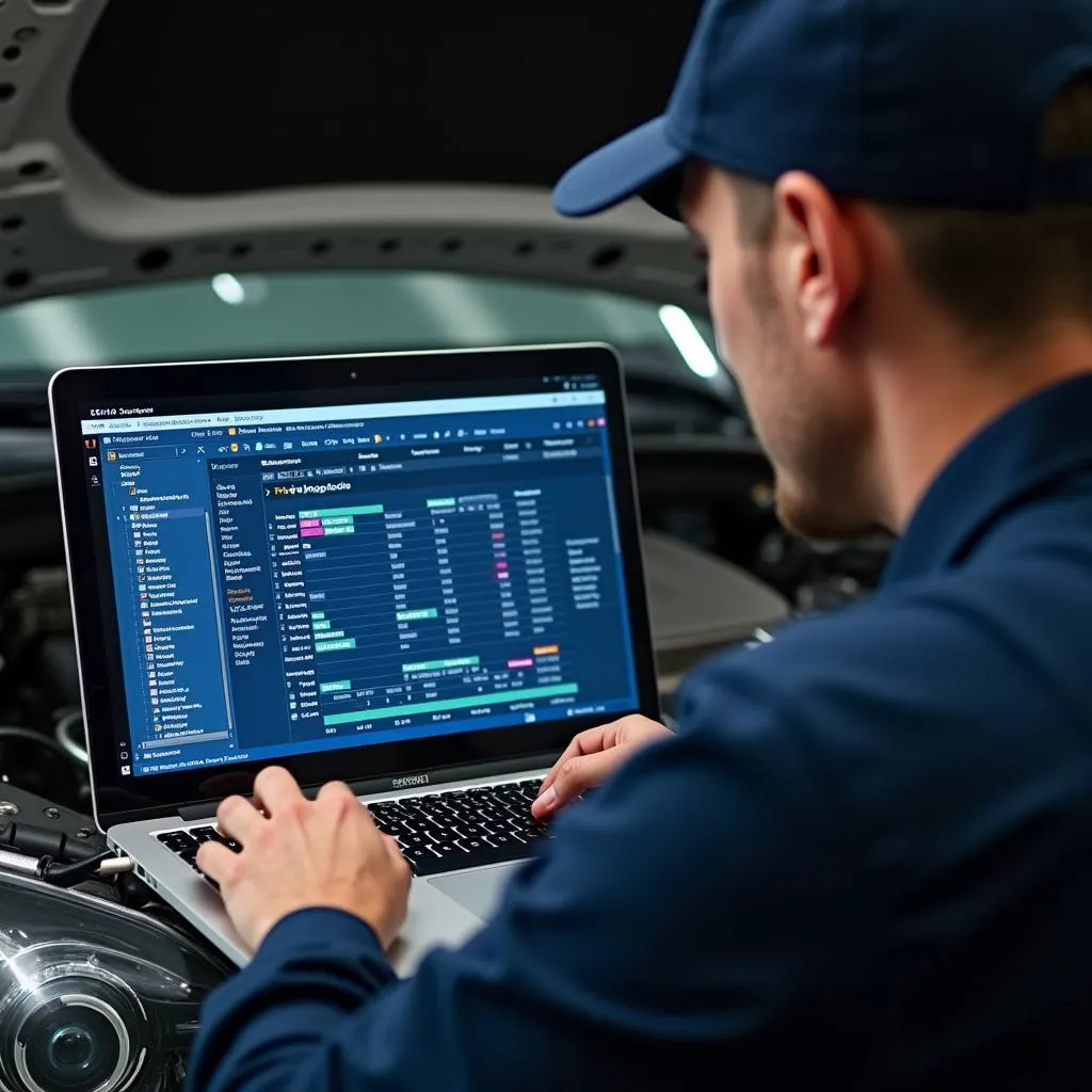 Mechanic analyzing diagnostic data on a laptop