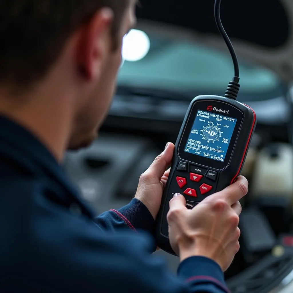 A mechanic examines the data displayed on an OBD scanner to diagnose a car problem