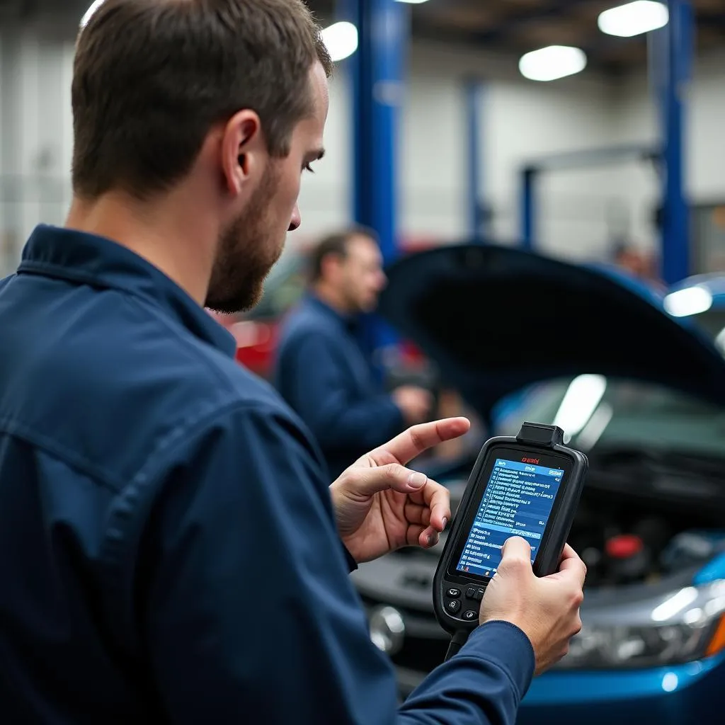 Mechanic analyzing OBD scanner data in a repair shop