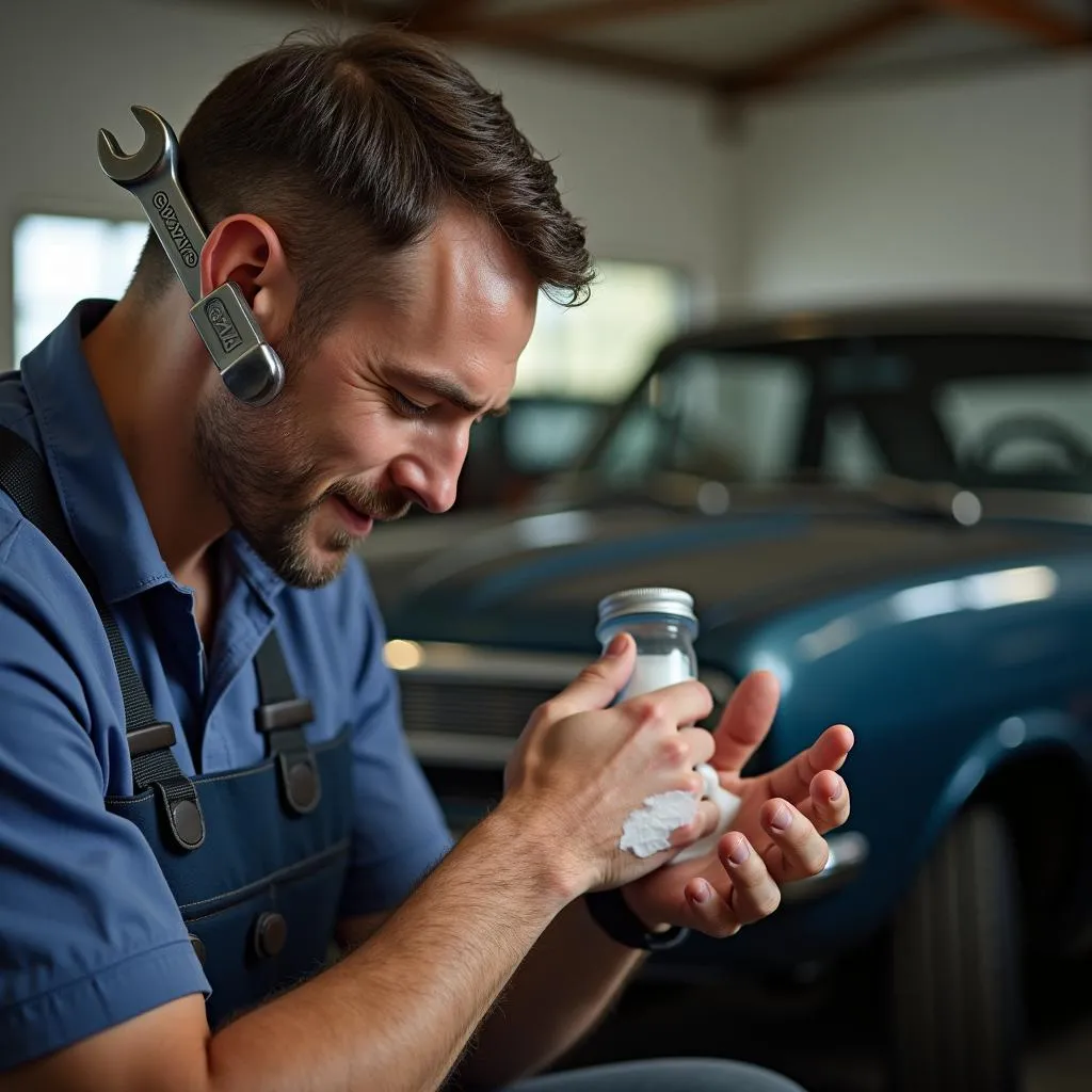 Mechanic Applying CeraVe Cream