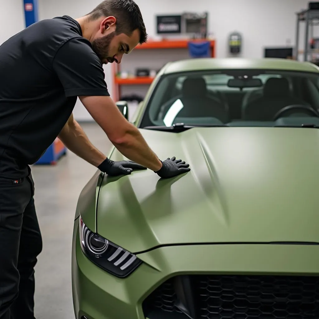 Mechanic Applying Matte Military Green Vinyl Wrap to Car