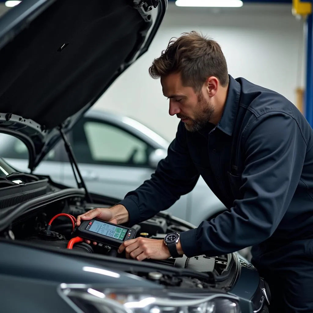 Mechanic using car diagnostic tool