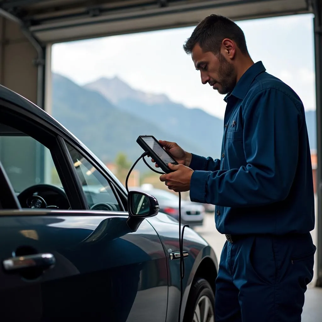  Mechanic Checking Car Diagnostics at High Altitude