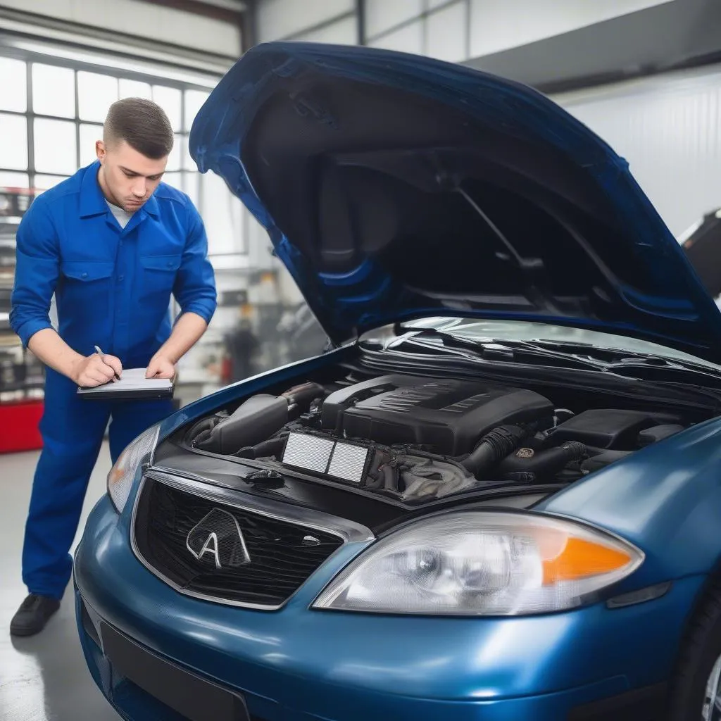 Mechanic checking car engine