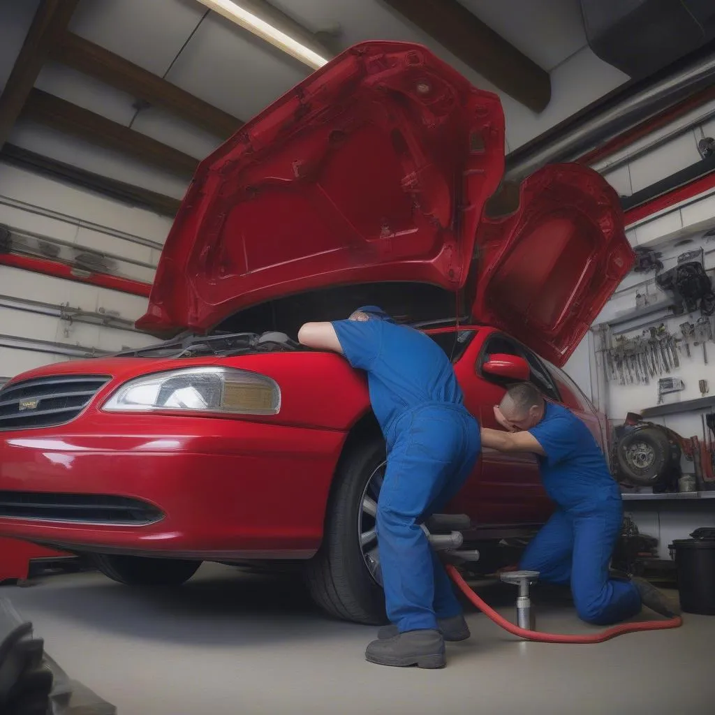 Mechanic checking car engine