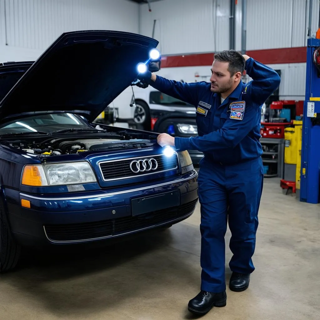 Mechanic inspecting the engine bay of a 1996 Audi A6