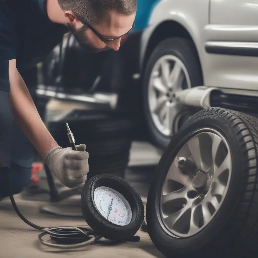 Mechanic Checking Tire Pressure